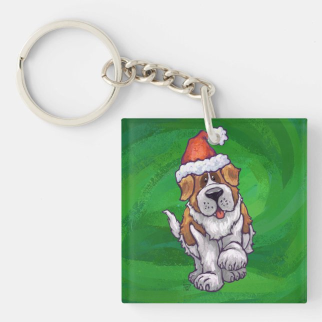Cute St. Bernard in Santa Hat on Green Keychain (Front)