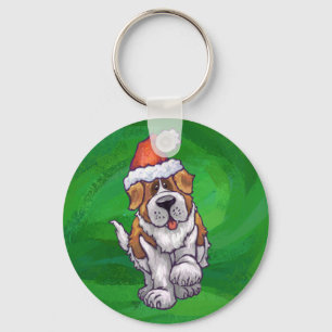 Cute St. Bernard in Santa Hat on Green Keychain