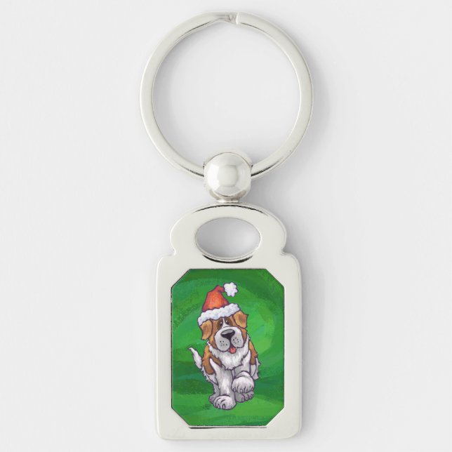 Cute St. Bernard in Santa Hat on Green Keychain (Front)