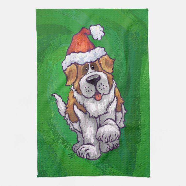 Cute St. Bernard in Santa Hat on Green Kitchen Towel (Vertical)