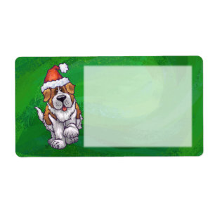 Cute St. Bernard in Santa Hat on Green Label