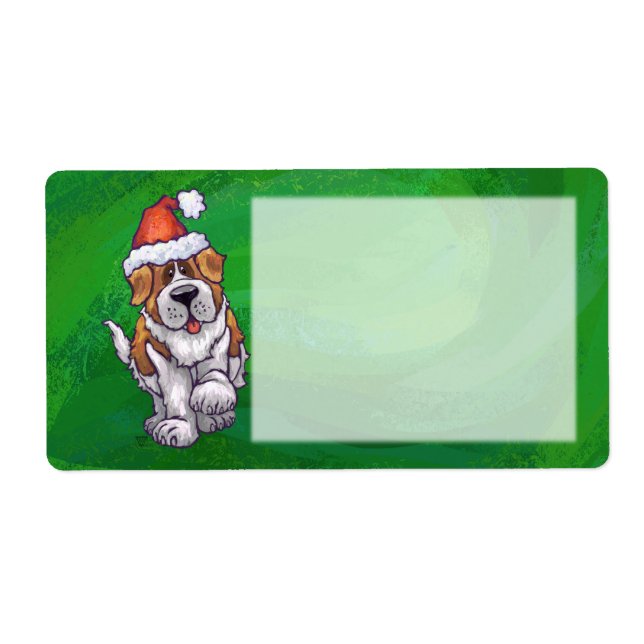 Cute St. Bernard in Santa Hat on Green Label (Front)