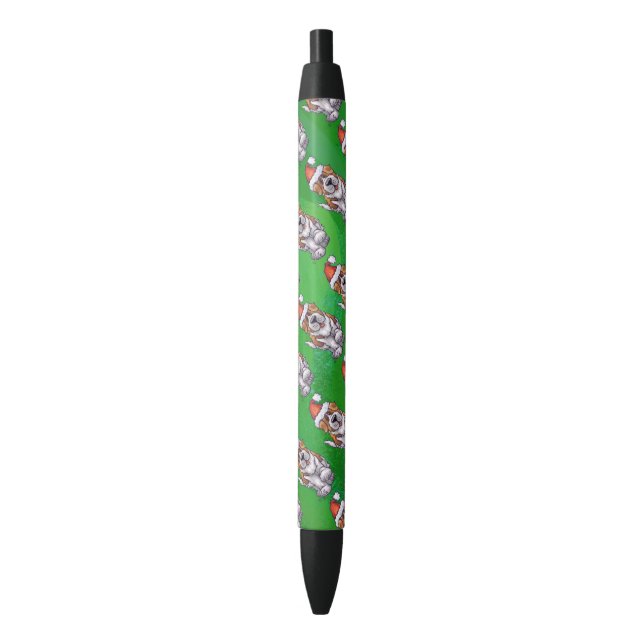 Cute St. Bernard in Santa Hat on Green Pen (Front Vertical)
