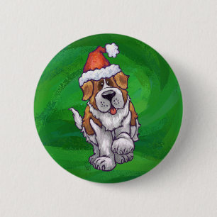 Cute St. Bernard in Santa Hat on Green Pinback Button