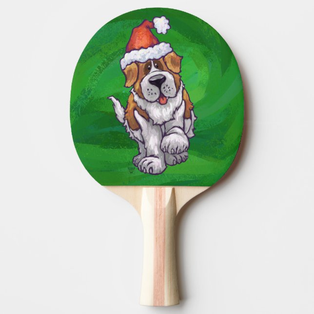 Cute St. Bernard in Santa Hat on Green Ping Pong Paddle (Front)