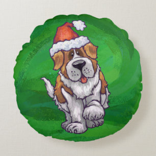 Cute St. Bernard in Santa Hat on Green Round Pillow