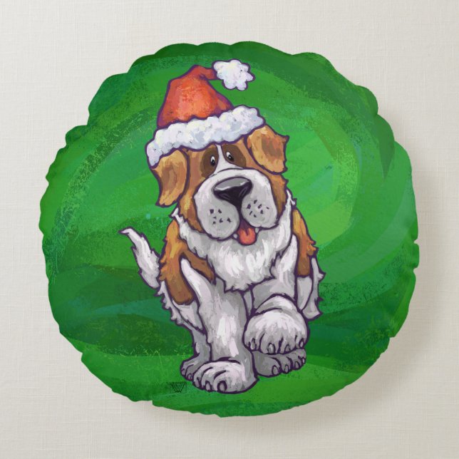 Cute St. Bernard in Santa Hat on Green Round Pillow (Front)