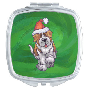 Cute St. Bernard in Santa Hat on Green Vanity Mirror