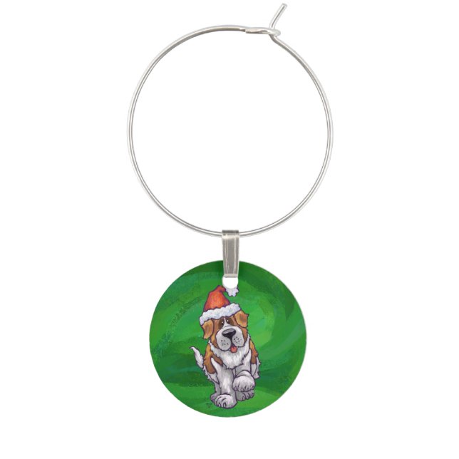 Cute St. Bernard in Santa Hat on Green Wine Charm (Front)