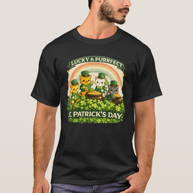 Cute St. Catrick's Day Lucky Cats & Rainbow Men's  T-Shirt (Front)