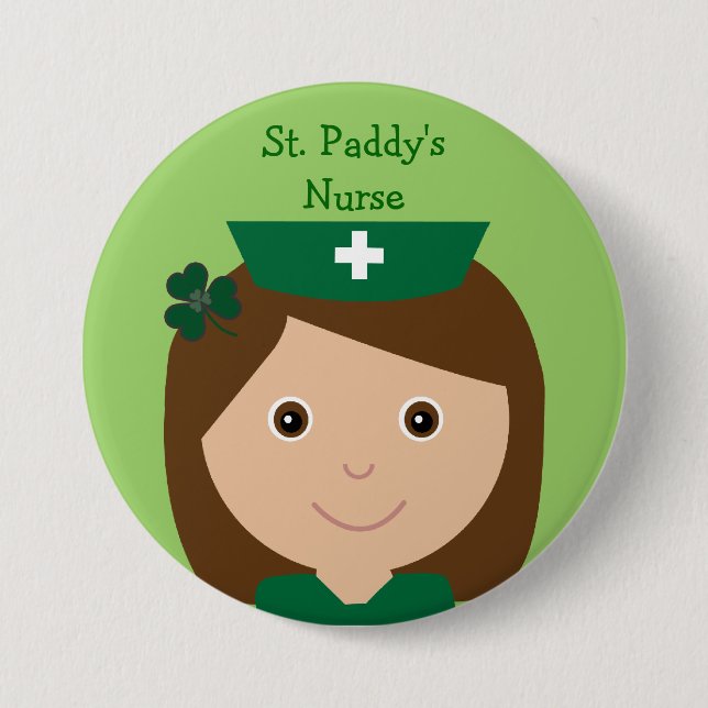 Cute St. Paddy's Nurse Cartoon Character Button (Front)