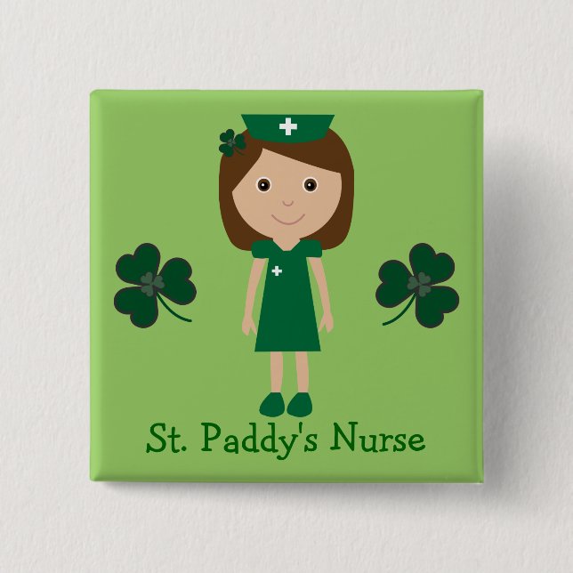 Cute St. Paddy's Nurse Cartoon Character Pinback Button (Front)