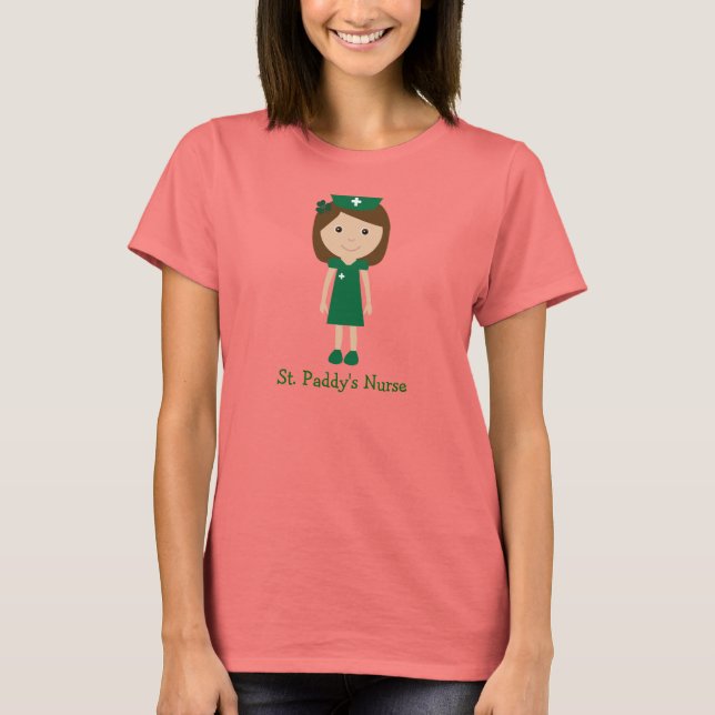 Cute St. Paddy's Nurse Cartoon Character T-Shirt (Front)