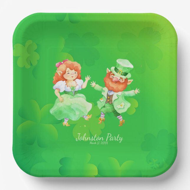 Cute St. Patrick’s Day  Irish Elves Dancing Jig Paper Plates (Front)