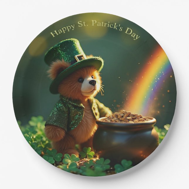 Cute St. Patrick’s Day Teddy Bear Paper Plates (Front)