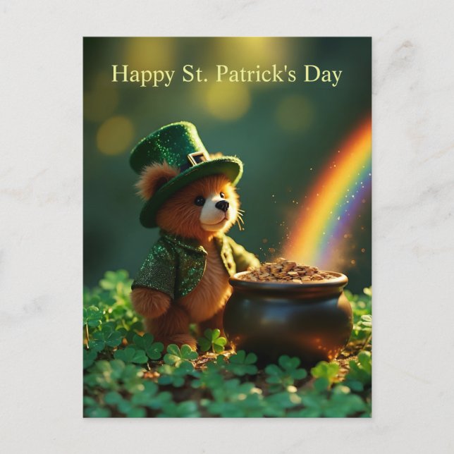 Cute St. Patrick’s Day Teddy Bear Postcard (Front)