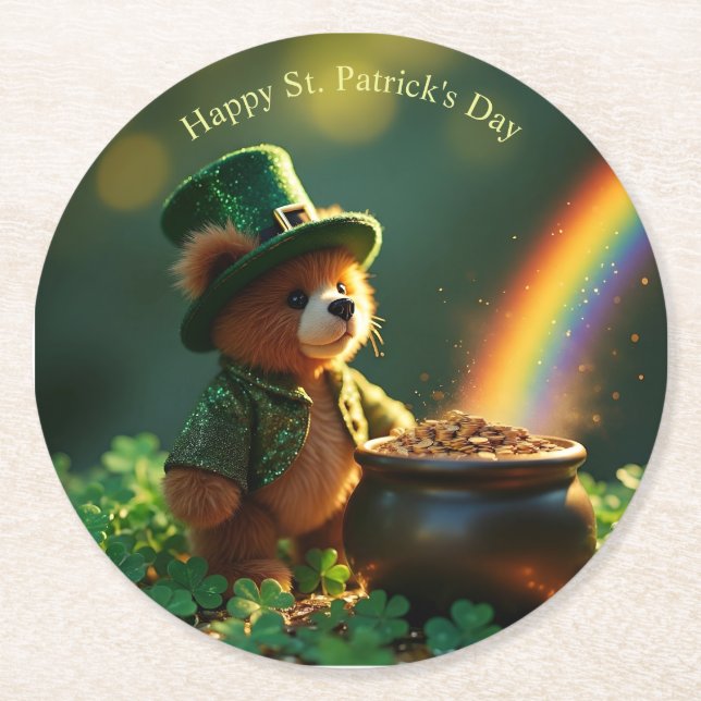 Cute St. Patrick’s Day Teddy Bear Round Paper Coaster (Front)
