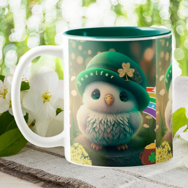 Cute St Patricks Day Baby Owl Personalized  Two-Tone Coffee Mug (Creator Uploaded)