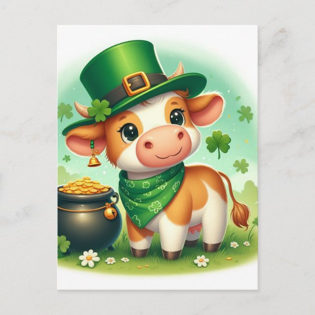 Cute St. Patricks Day Brown and White Cow Postcard (Front)