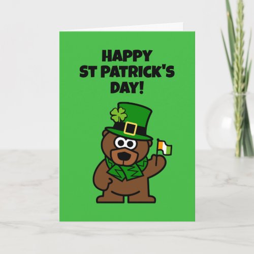 Cute St Patricks Day card with leprechaun bear