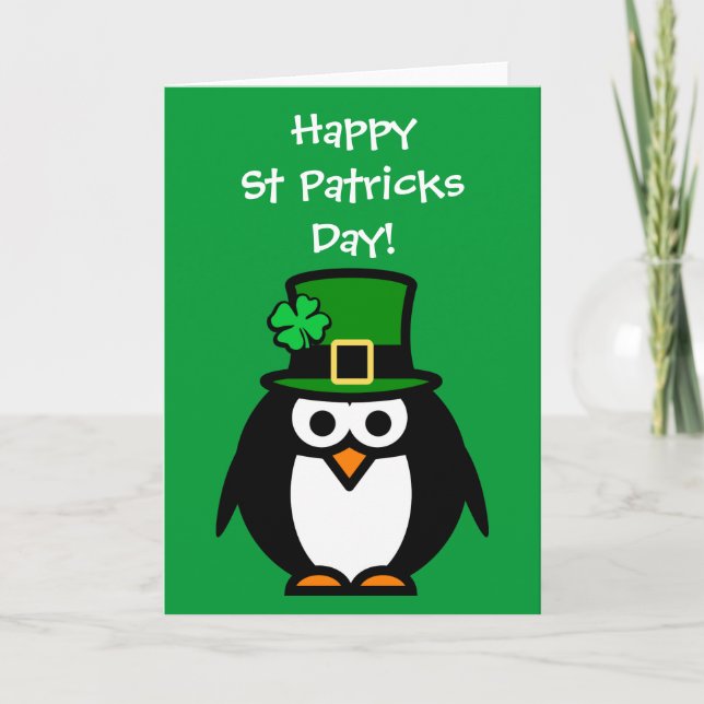 Cute St Patricks Day card with leprechaun penguin (Front)