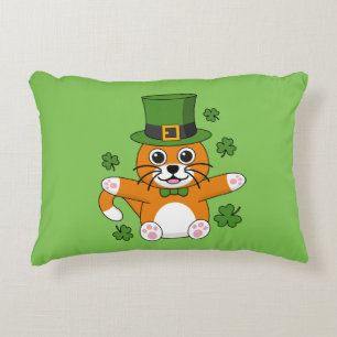 Cute St Patrick's Day Cat with Shamrocks Cartoon Accent Pillow