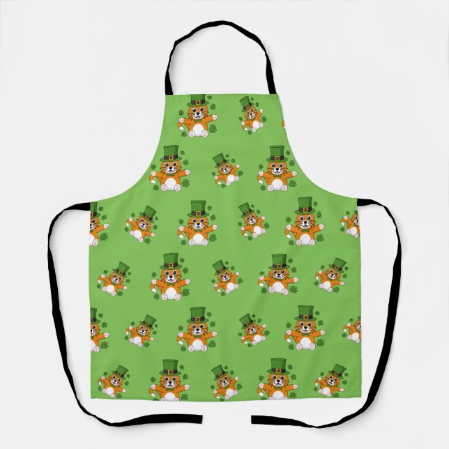 Cute St Patrick's Day Cat with Shamrocks Cartoon Apron (Front)