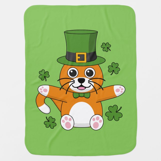 Cute St Patrick's Day Cat with Shamrocks Cartoon Baby Blanket (Front)
