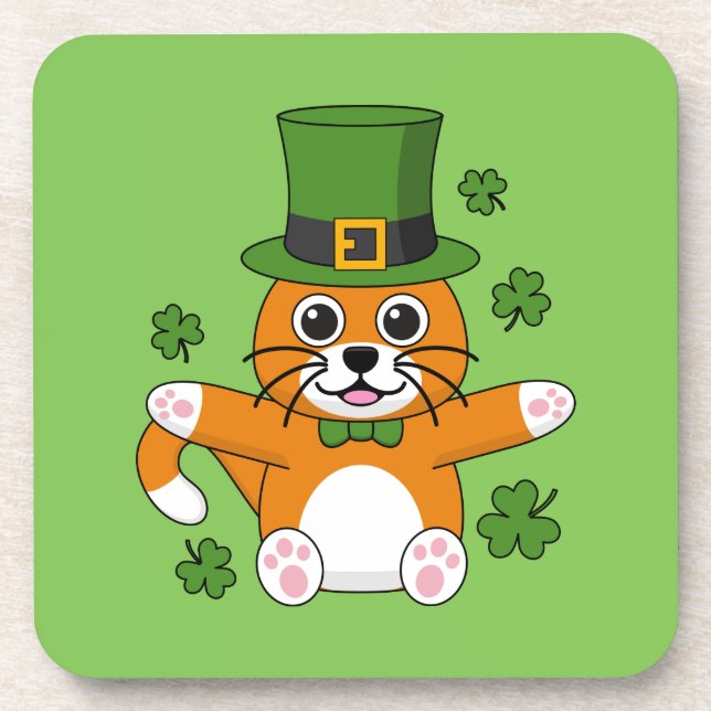 Cute St Patrick's Day Cat with Shamrocks Cartoon Beverage Coaster (Front)