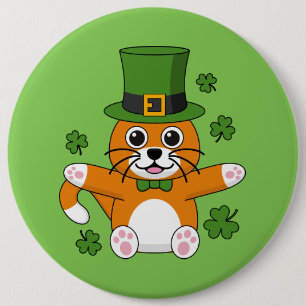 Cute St Patrick's Day Cat with Shamrocks Cartoon Button