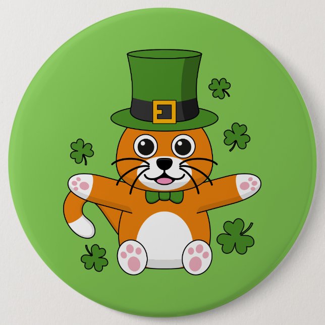 Cute St Patrick's Day Cat with Shamrocks Cartoon Button (Front)