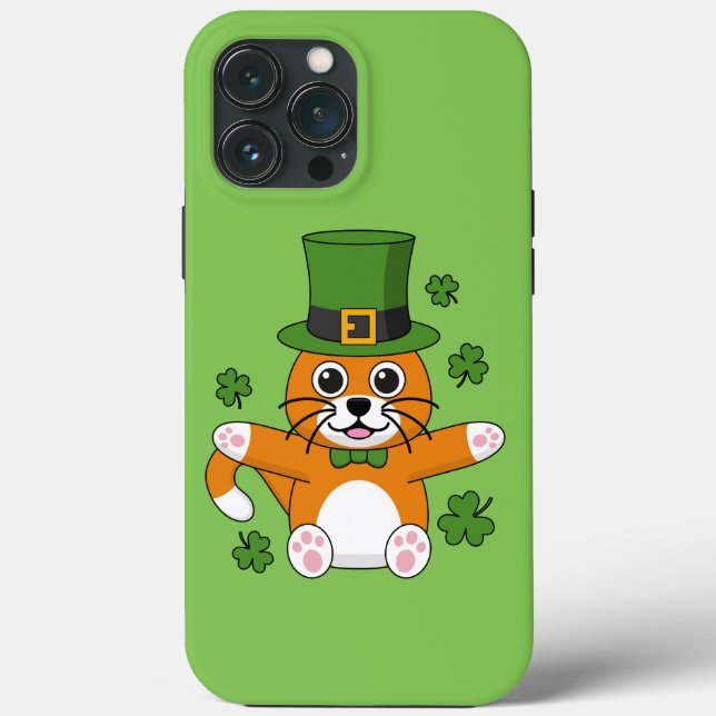 Cute St Patrick's Day Cat with Shamrocks Cartoon Case-Mate iPhone Case (Back)