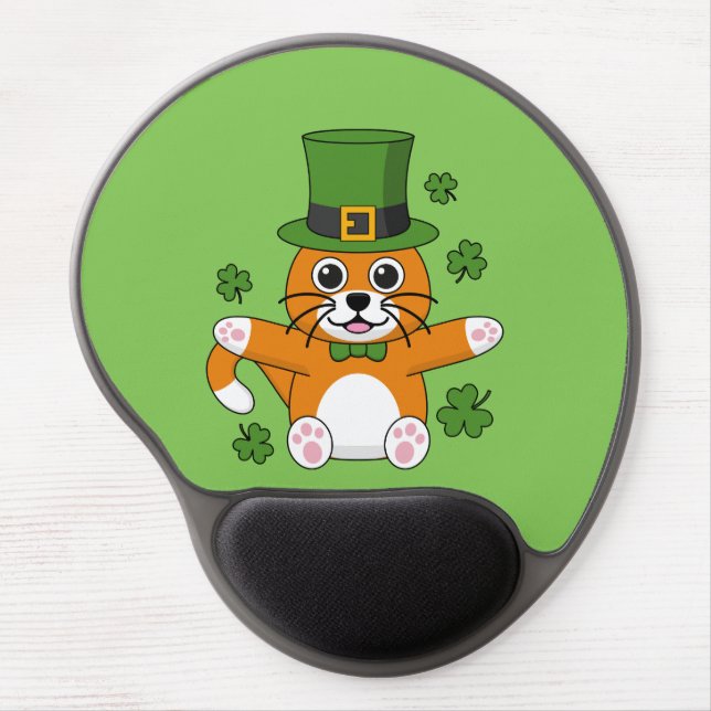 Cute St Patrick's Day Cat with Shamrocks Cartoon Gel Mouse Pad (Front)