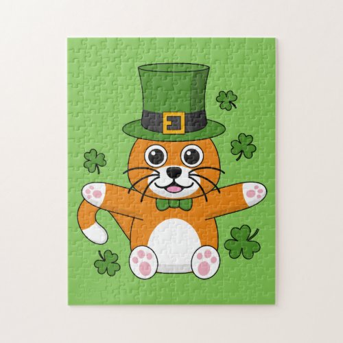 Cute St Patricks Day Cat with Shamrocks Cartoon Jigsaw Puzzle