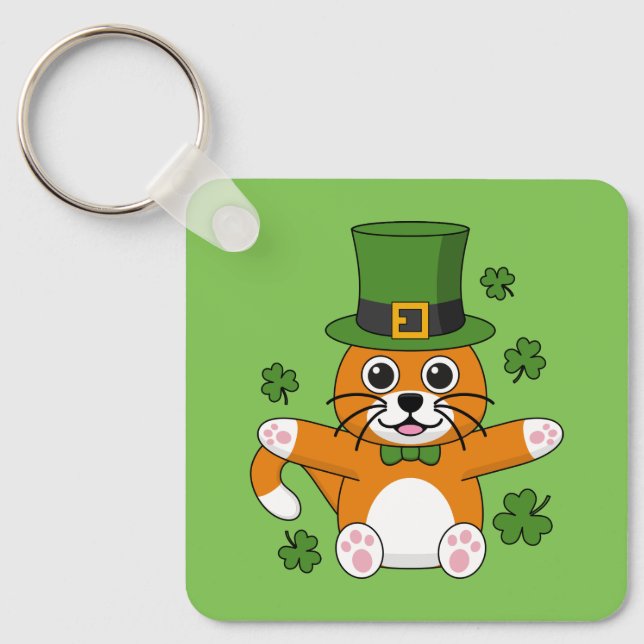 Cute St Patrick's Day Cat with Shamrocks Cartoon Keychain (Front)
