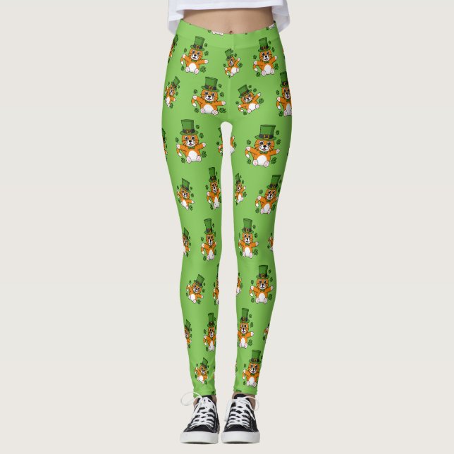 Cute St Patrick's Day Cat with Shamrocks Cartoon Leggings (Front)