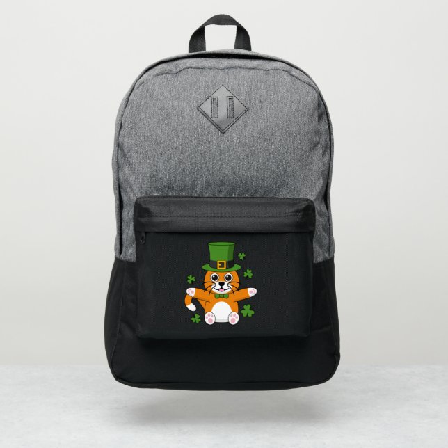 Cute St Patrick's Day Cat with Shamrocks Cartoon Port Authority® Backpack (Front)