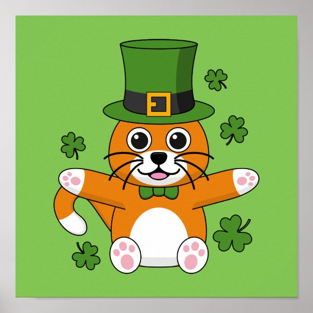Cute St Patrick's Day Cat with Shamrocks Cartoon Poster (Front)