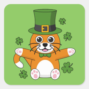 Cute St Patrick's Day Cat with Shamrocks Cartoon Square Sticker
