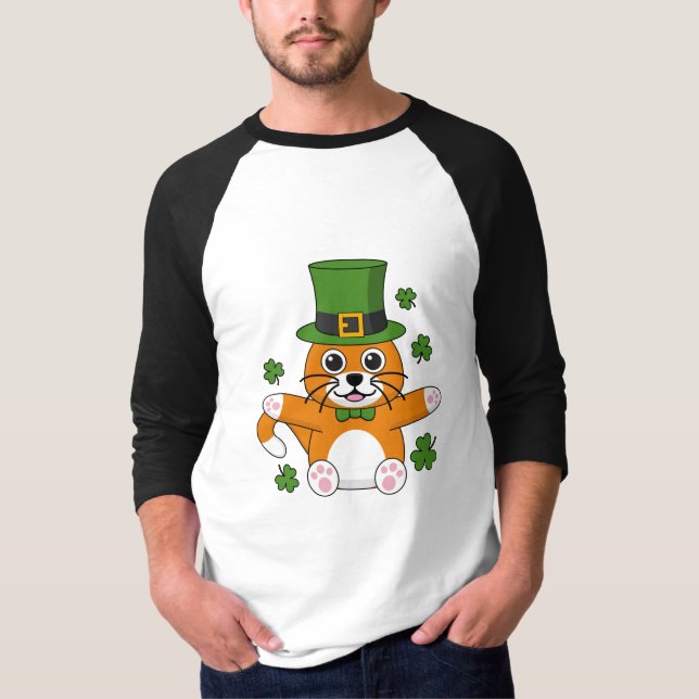 Cute St Patrick's Day Cat with Shamrocks Cartoon T-Shirt (Front)
