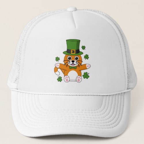 Cute St Patricks Day Cat with Shamrocks Cartoon Trucker Hat