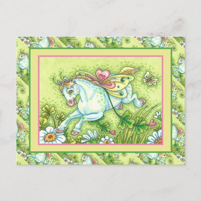 CUTE ST. PATRICK'S DAY FLYING IRISH PONY, FAIRY HOLIDAY POSTCARD (Front)