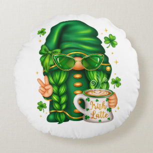 Cute St Patricks Day Gnome Drinking Coffee Round Pillow
