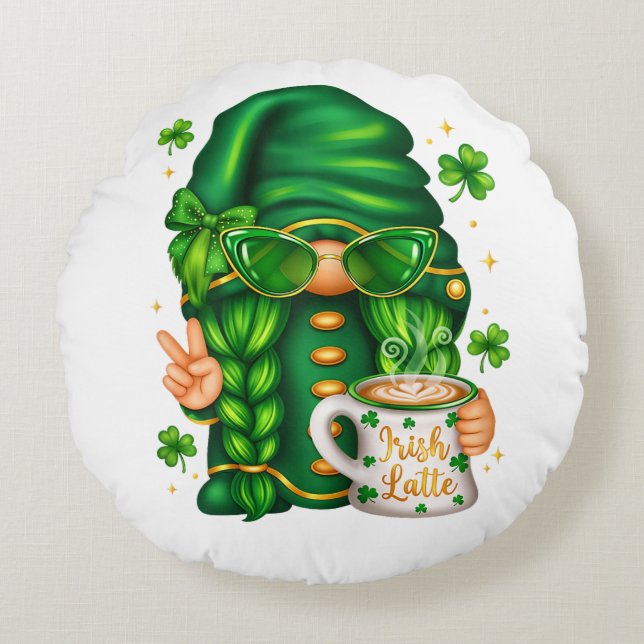 Cute St Patricks Day Gnome Drinking Coffee Round Pillow (Front)