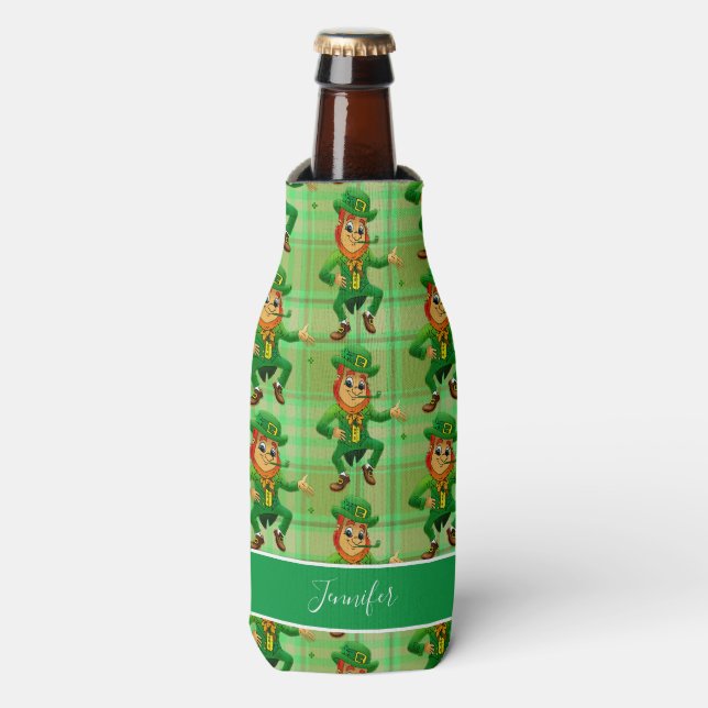 Cute St Patricks Day Green Leprechaun Personalized Bottle Cooler (Bottle Front)