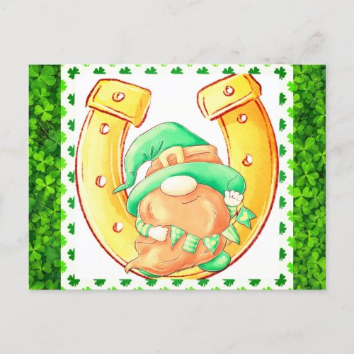 Cute St Patricks Day Lucky Gnome Green Shamrock Postcard