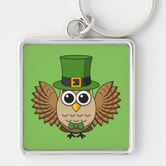Cute St Patrick's Day Owl Cartoon Keychain (Front)