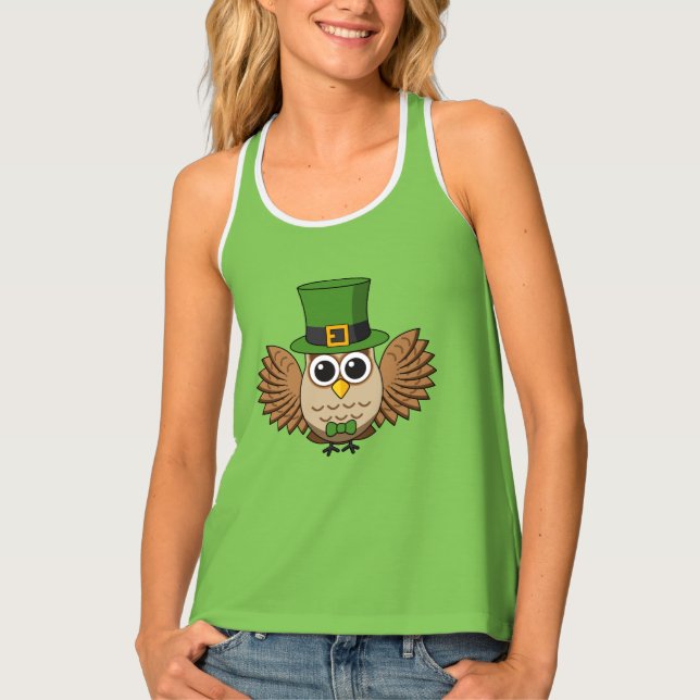 Cute St Patrick's Day Owl Cartoon Tank Top (Front)