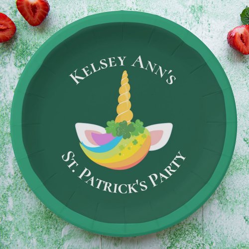 Cute St Patricks Day Unicorn Custom Green Party Paper Plates