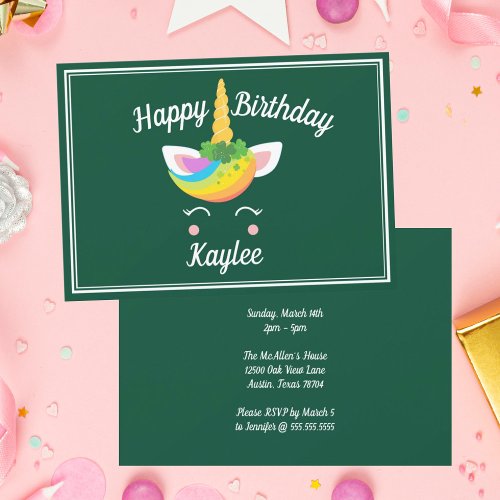 Cute St Patricks Day Unicorn Green Birthday Party Invitation